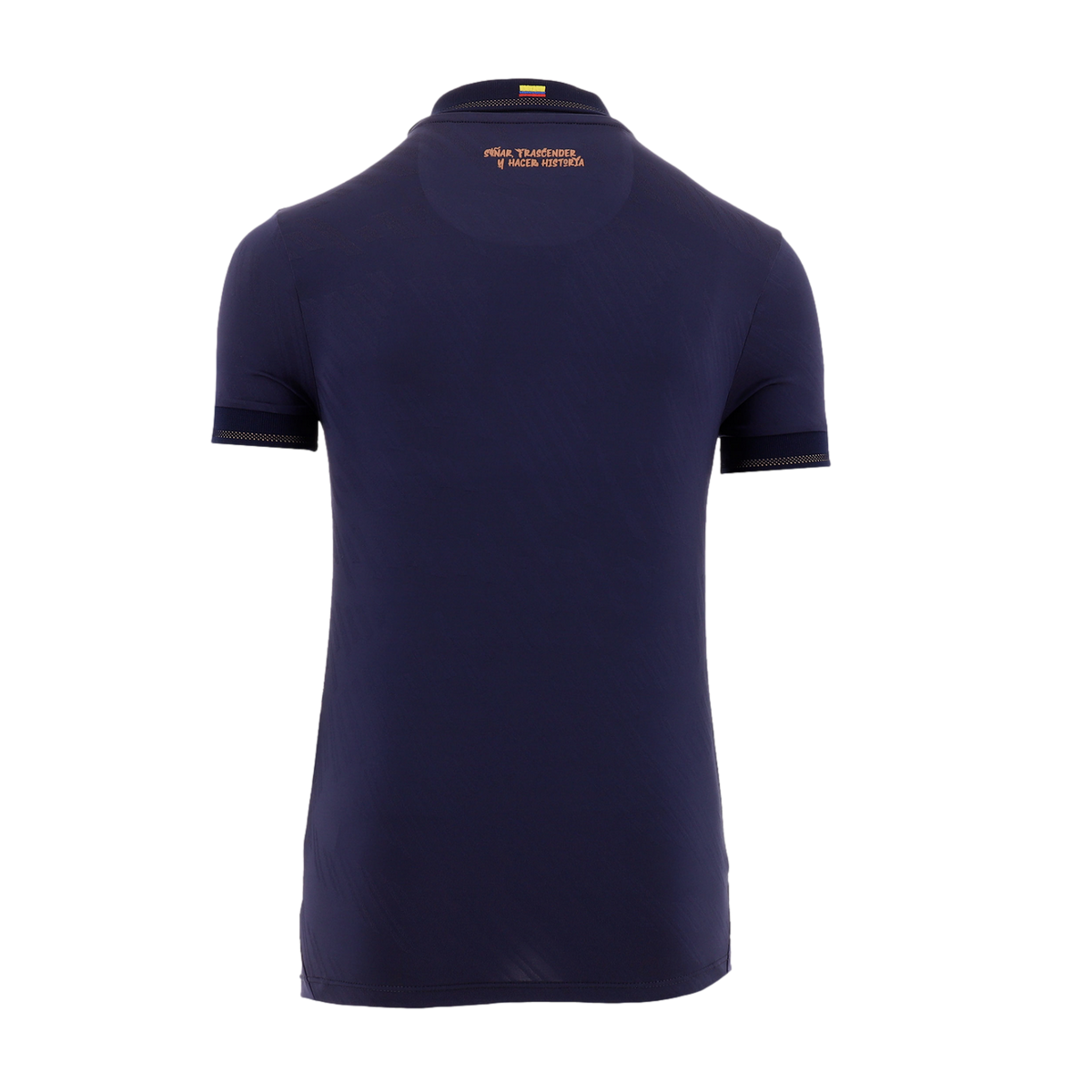 The back of a dark navy blue short-sleeved athletic shirt against a black background. At the center of the collar is a small flag of Colombia. Just below the neckline, the Spanish phrase "SOÑAR, TRASCENDER Y HACER HISTORIA" is printed in a copper-colored,