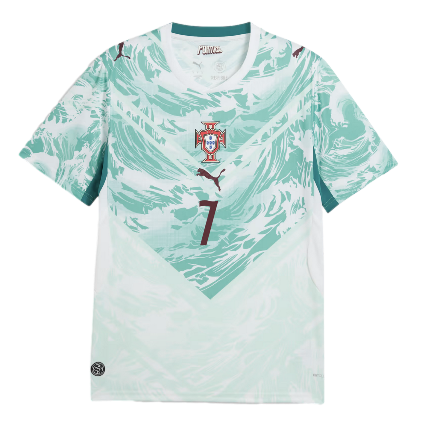 A Portugal national soccer jersey featuring a white and light teal color scheme with a wavy, swirling pattern. The jersey has a large 'V' shape design on the front, with the Portugal national team crest centered at the top of the 'V', followed by a dark m