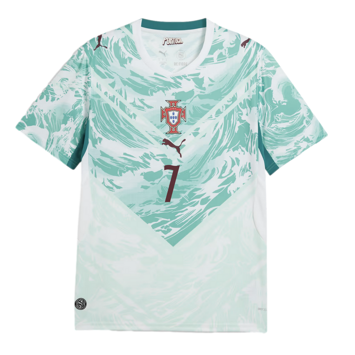 A Portugal national soccer jersey featuring a white and light teal color scheme with a wavy, swirling pattern. The jersey has a large 'V' shape design on the front, with the Portugal national team crest centered at the top of the 'V', followed by a dark m