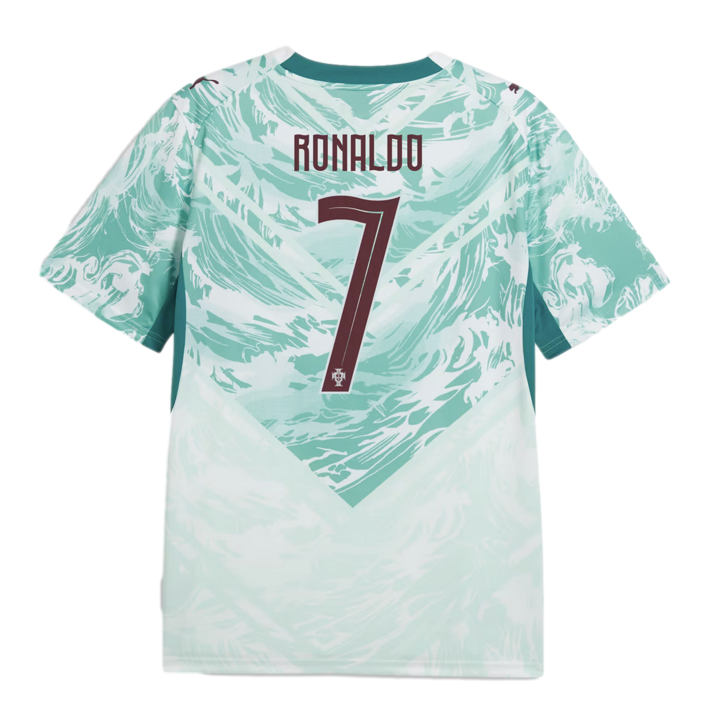 An image showing the back of a teal and white soccer jersey with a swirling, wave-like pattern. The name "RONALDO" and the number "7" are printed in a maroon-colored font in the center.