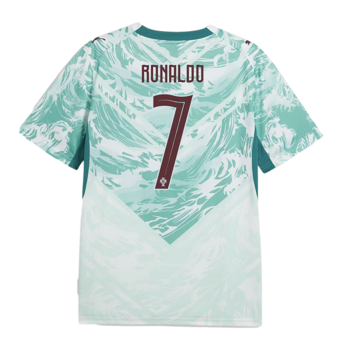 An image showing the back of a teal and white soccer jersey with a swirling, wave-like pattern. The name "RONALDO" and the number "7" are printed in a maroon-colored font in the center.