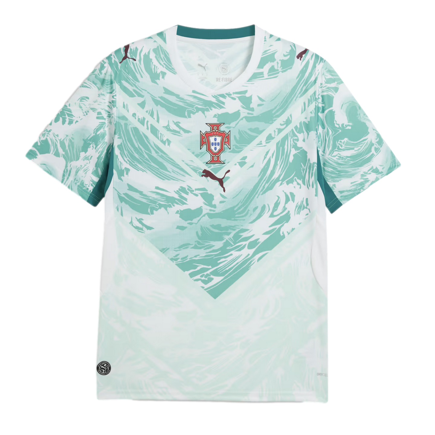 A white and teal Puma soccer jersey for the Portugal national team, featuring a stylized wave-like chevron pattern. The red and blue FPF crest is centered on the chest above a maroon Puma logo.