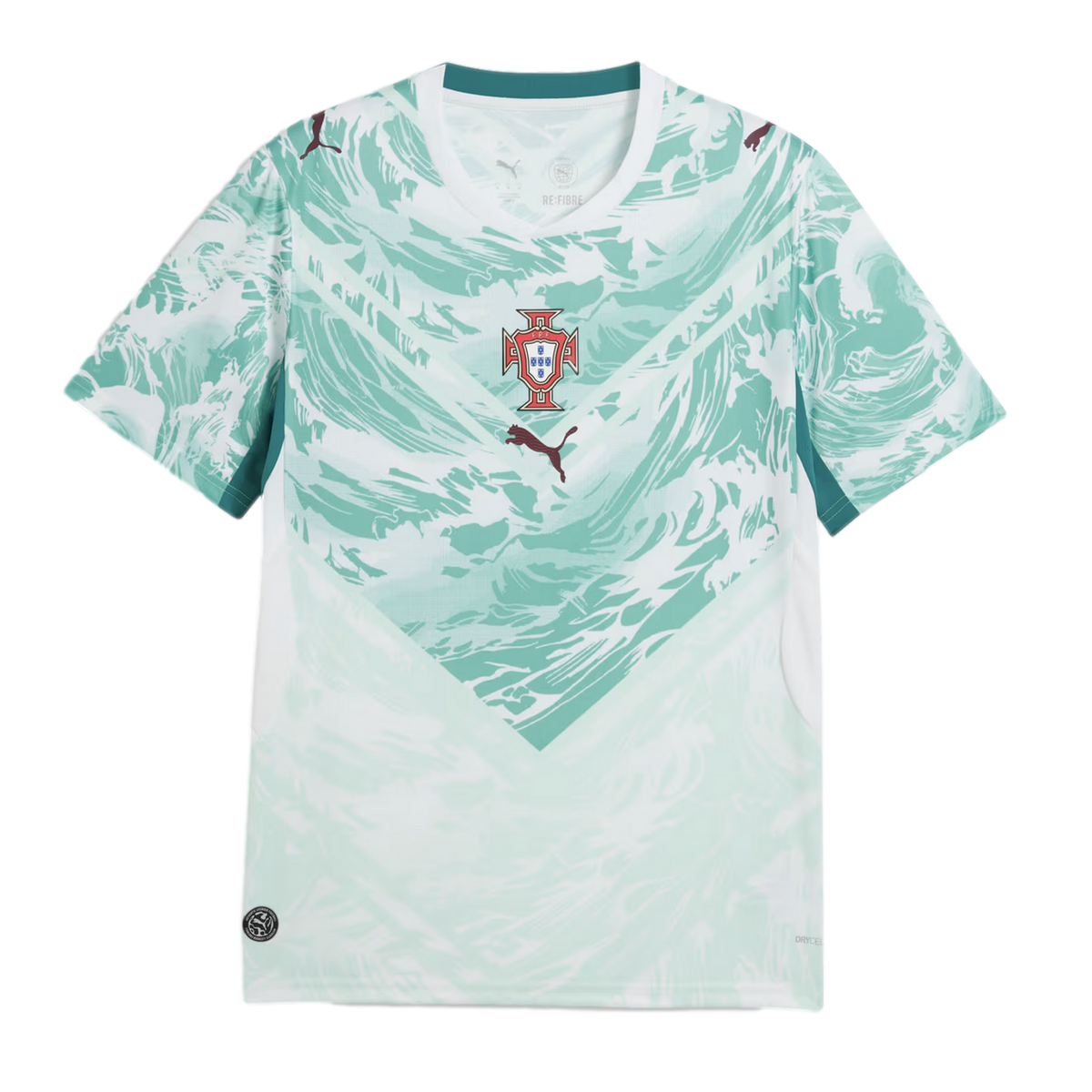 A white and teal Puma soccer jersey for the Portugal national team, featuring a stylized wave-like chevron pattern. The red and blue FPF crest is centered on the chest above a maroon Puma logo.