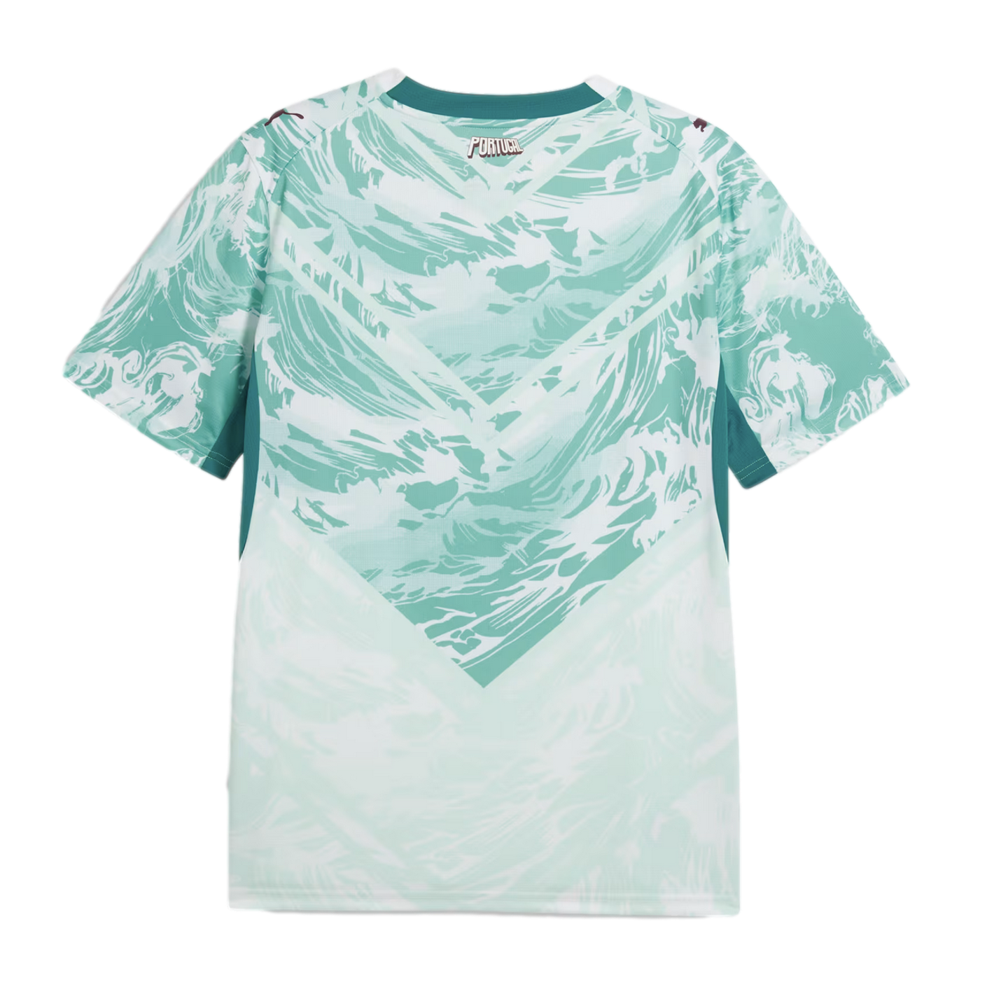 The back of a mint green and white Portugal national team soccer jersey featuring a stylized, swirling wave pattern. The pattern forms a large V-shape or chevron on the back. The word "PORTUGAL" is printed in a blocky font at the nape of the neck, and sma