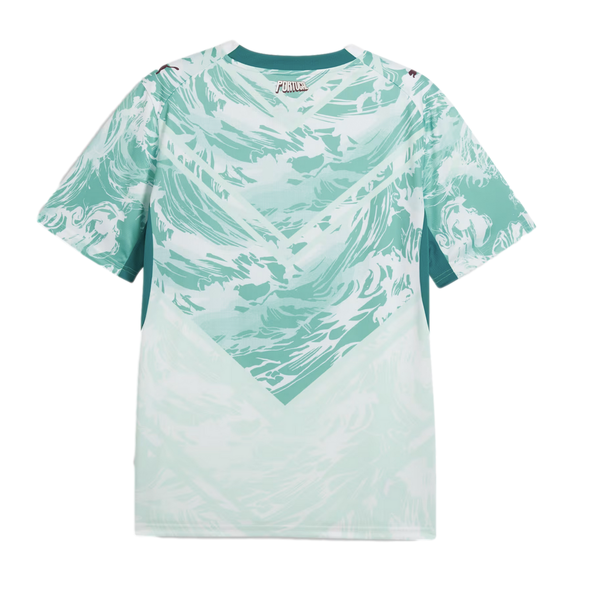 The back of a mint green and white Portugal national team soccer jersey featuring a stylized, swirling wave pattern. The pattern forms a large V-shape or chevron on the back. The word "PORTUGAL" is printed in a blocky font at the nape of the neck, and sma