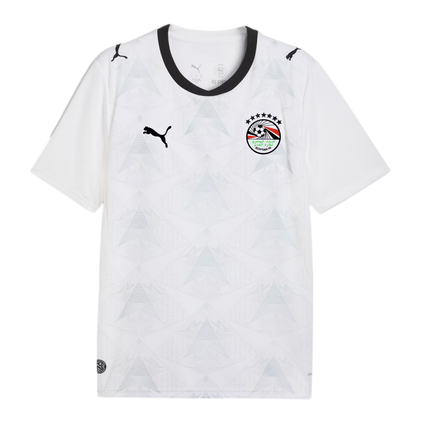 A white Puma Egypt national football team jersey with a subtle light gray geometric pyramid pattern across the front. It features a black crew neck collar, a black Puma logo on the right chest, and the Egyptian Football Association crest with seven stars
