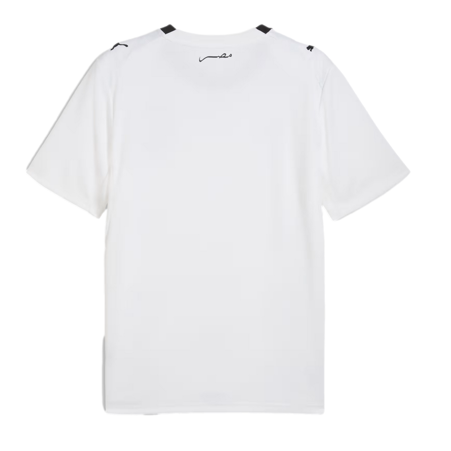 A white short-sleeved t-shirt shown from the back against a black background, featuring small black Puma logos on the shoulders and a small black Arabic word below the neckline.