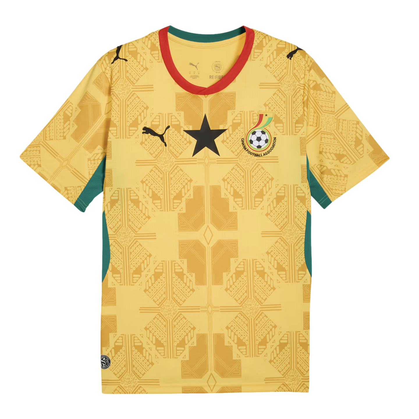 A yellow Ghana national team football jersey featuring a subtle tone-on-tone geometric pattern, a large black star on the center chest, the Puma logo, and the Ghana Football Association crest. The jersey has red and green trim on the collar and side panel