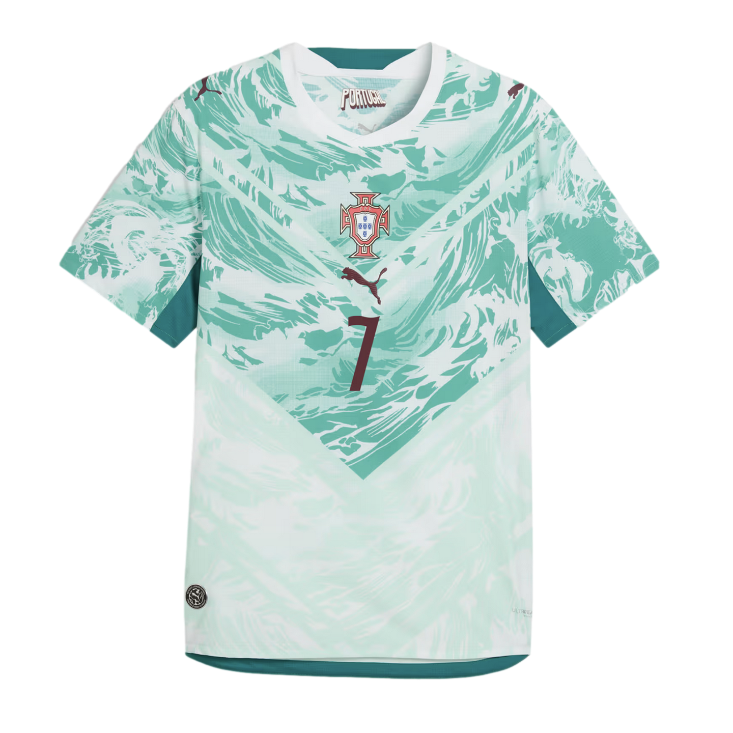 A Portugal national team soccer jersey by Puma, featuring a teal and white wave pattern. The jersey has a white round collar, solid teal side panels, and the team crest, a maroon Puma logo, and the number 7 centrally aligned on the chest.