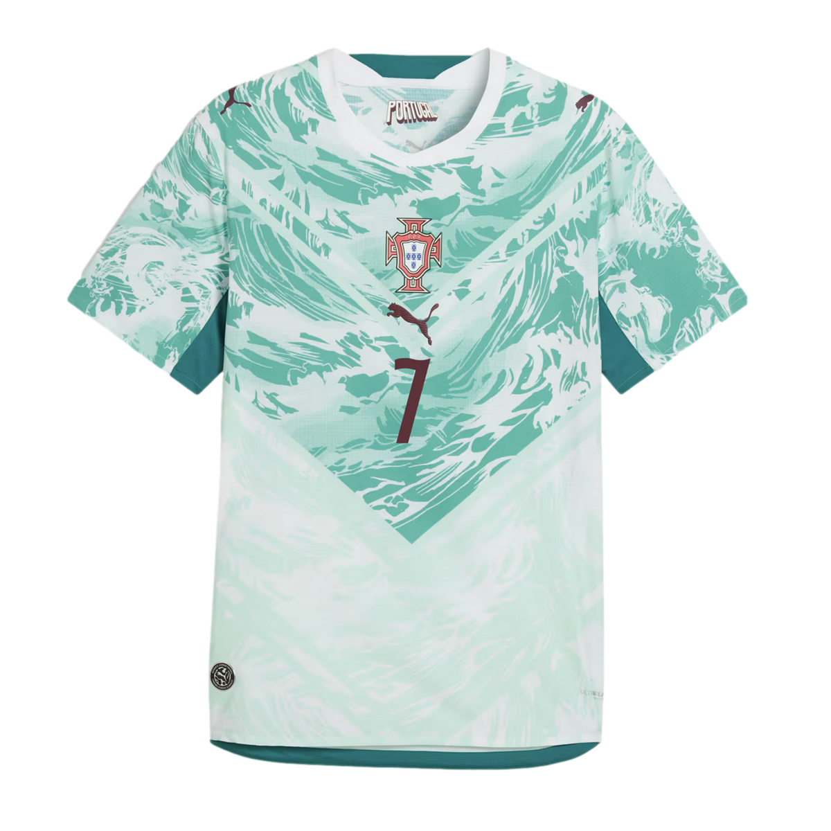 A Portugal national team soccer jersey by Puma, featuring a teal and white wave pattern. The jersey has a white round collar, solid teal side panels, and the team crest, a maroon Puma logo, and the number 7 centrally aligned on the chest.