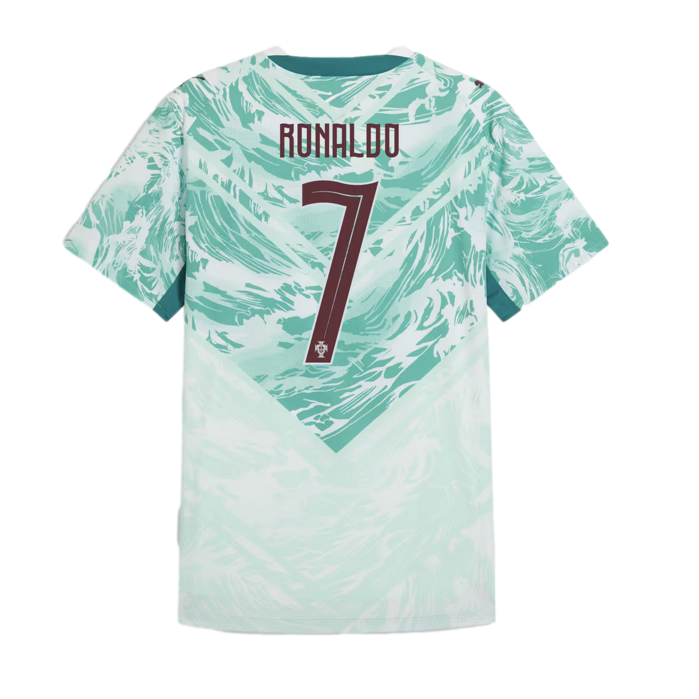 The back of a mint green Portugal national team soccer jersey featuring a maroon name "RONALDO" and number "7". The shirt has a dynamic, wavy teal pattern on the upper half that transitions into a lighter, faded pattern at the bottom along a V-shaped line
