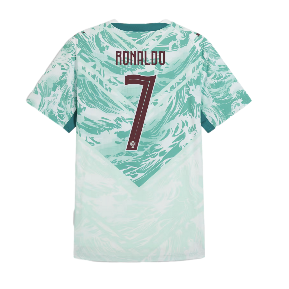 The back of a mint green Portugal national team soccer jersey featuring a maroon name "RONALDO" and number "7". The shirt has a dynamic, wavy teal pattern on the upper half that transitions into a lighter, faded pattern at the bottom along a V-shaped line
