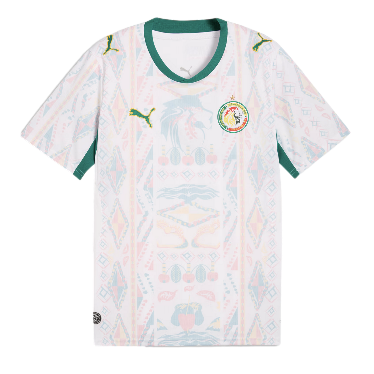 A white Senegal national football team away jersey featuring a green V-neck collar and sleeve trim. The shirt has a faint, multi-colored geometric and lion-head pattern across the front, with the Puma logo on the right chest and the Senegalese football fe