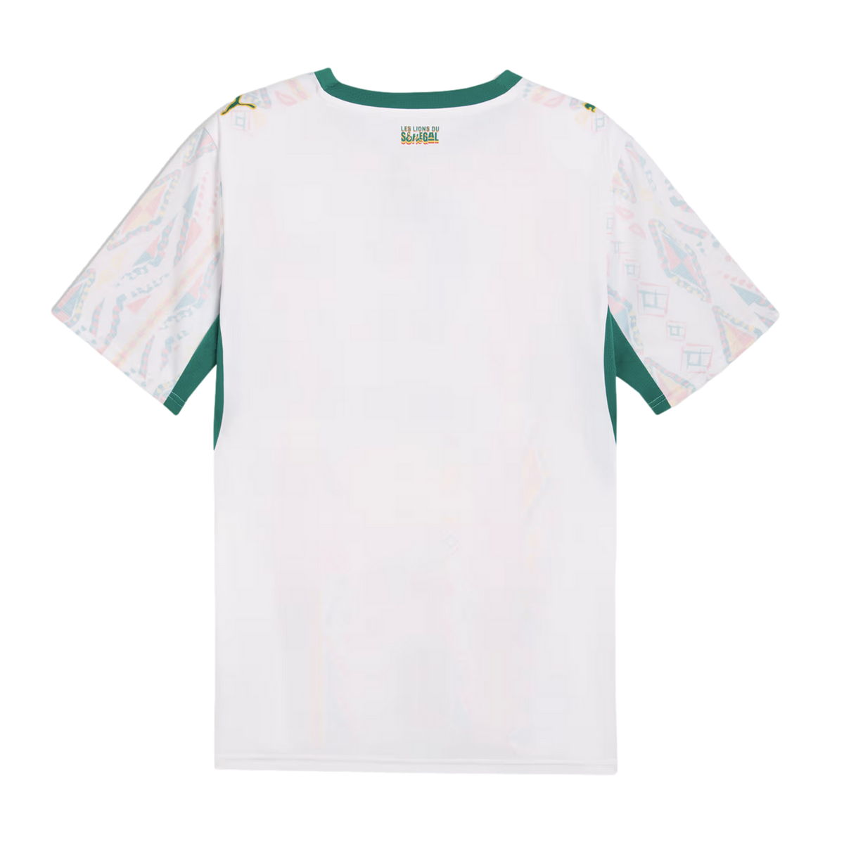 The back of a white short-sleeved jersey featuring a green crew neckline and underarm panels. The sleeves are covered in a colorful, geometric pattern, and a small logo on the upper back reads “LES LIONS DU SÉNÉGAL.”