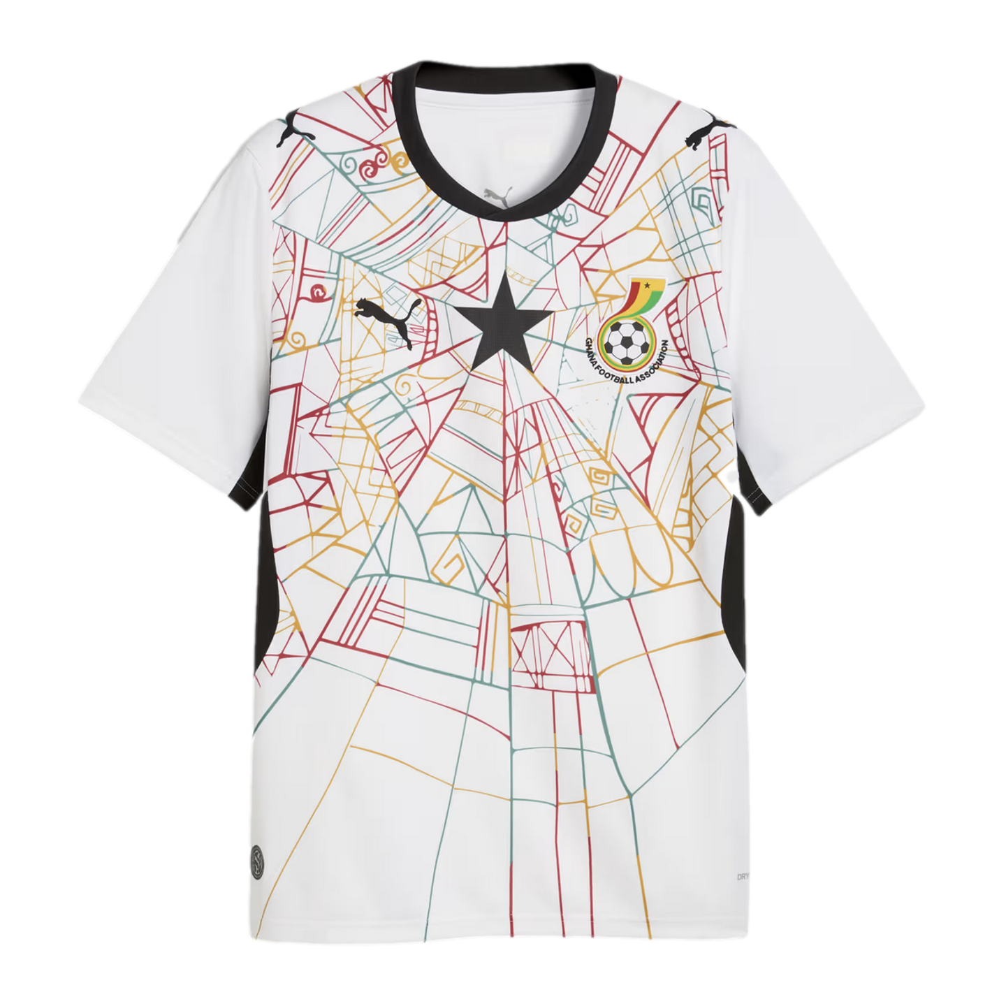 A white Ghana national football team jersey with a black round collar and black side panels. The front features an intricate, colorful geometric pattern resembling a spiderweb in red, yellow, and green. A large black five-pointed star is centered on the c