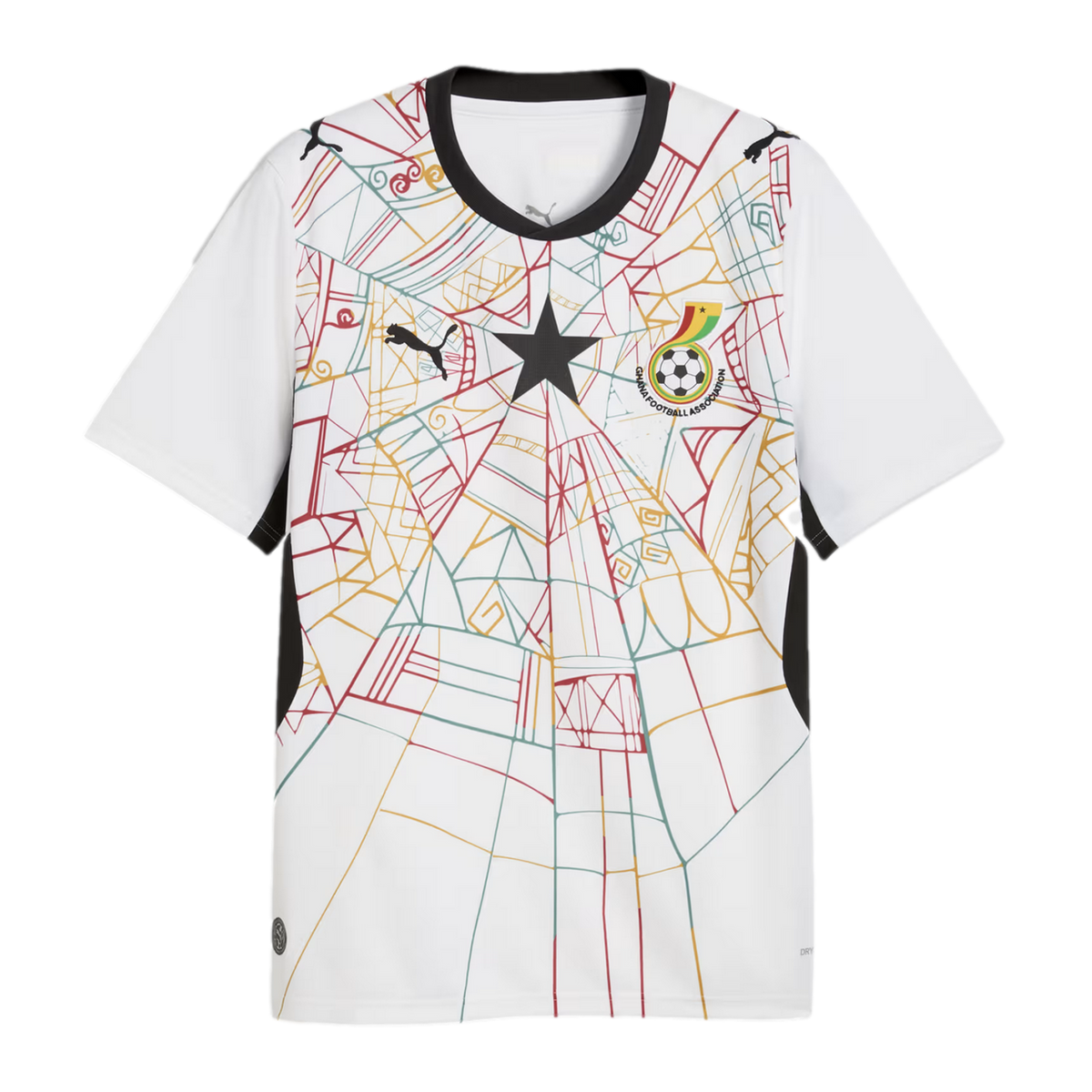 A white Ghana national football team jersey with a black round collar and black side panels. The front features an intricate, colorful geometric pattern resembling a spiderweb in red, yellow, and green. A large black five-pointed star is centered on the c