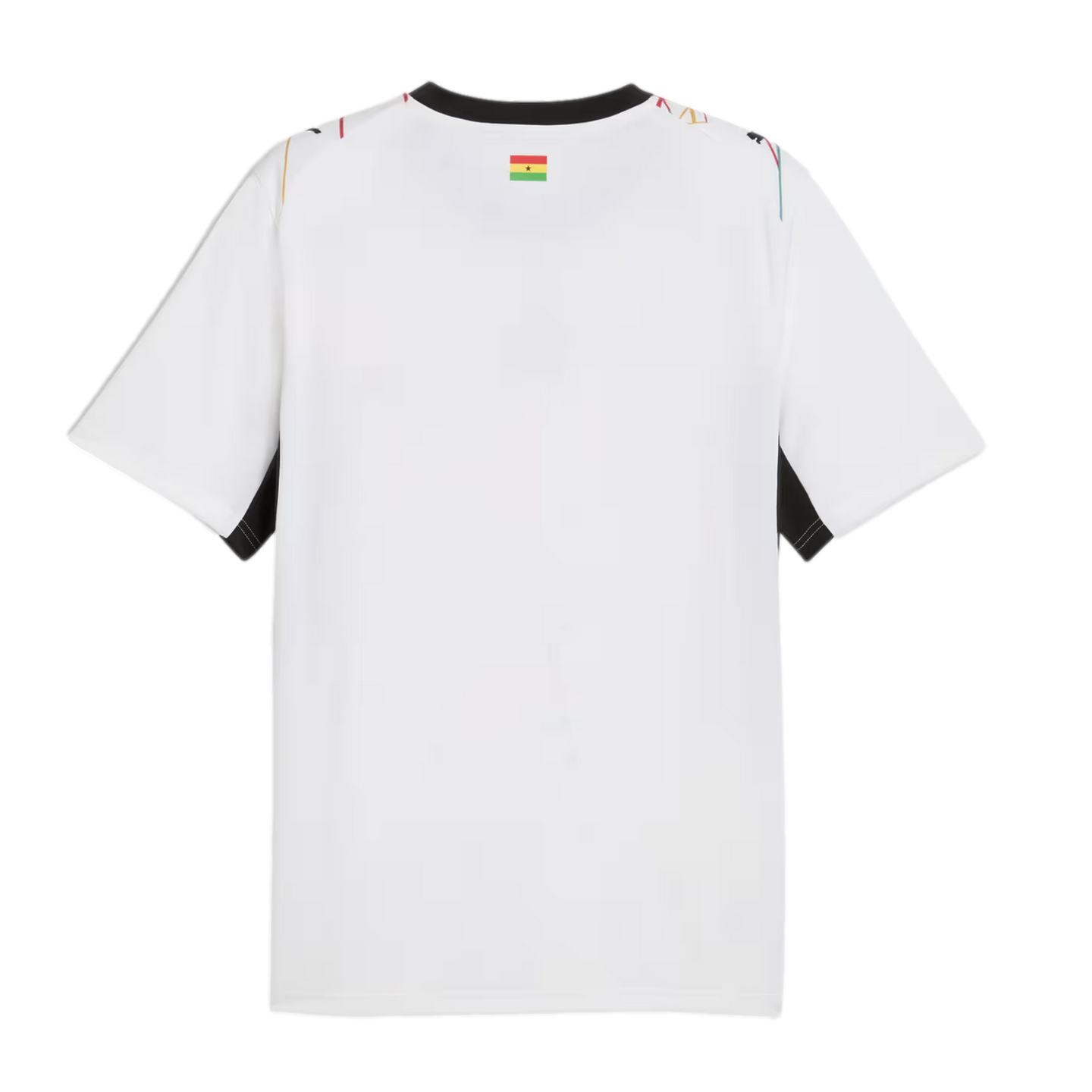 Rear view of a white short-sleeved sports jersey on a black background. It features a black crew neck, a small flag of Ghana centered below the back collar, black panels under the sleeves, and subtle colorful patterns on the shoulders.