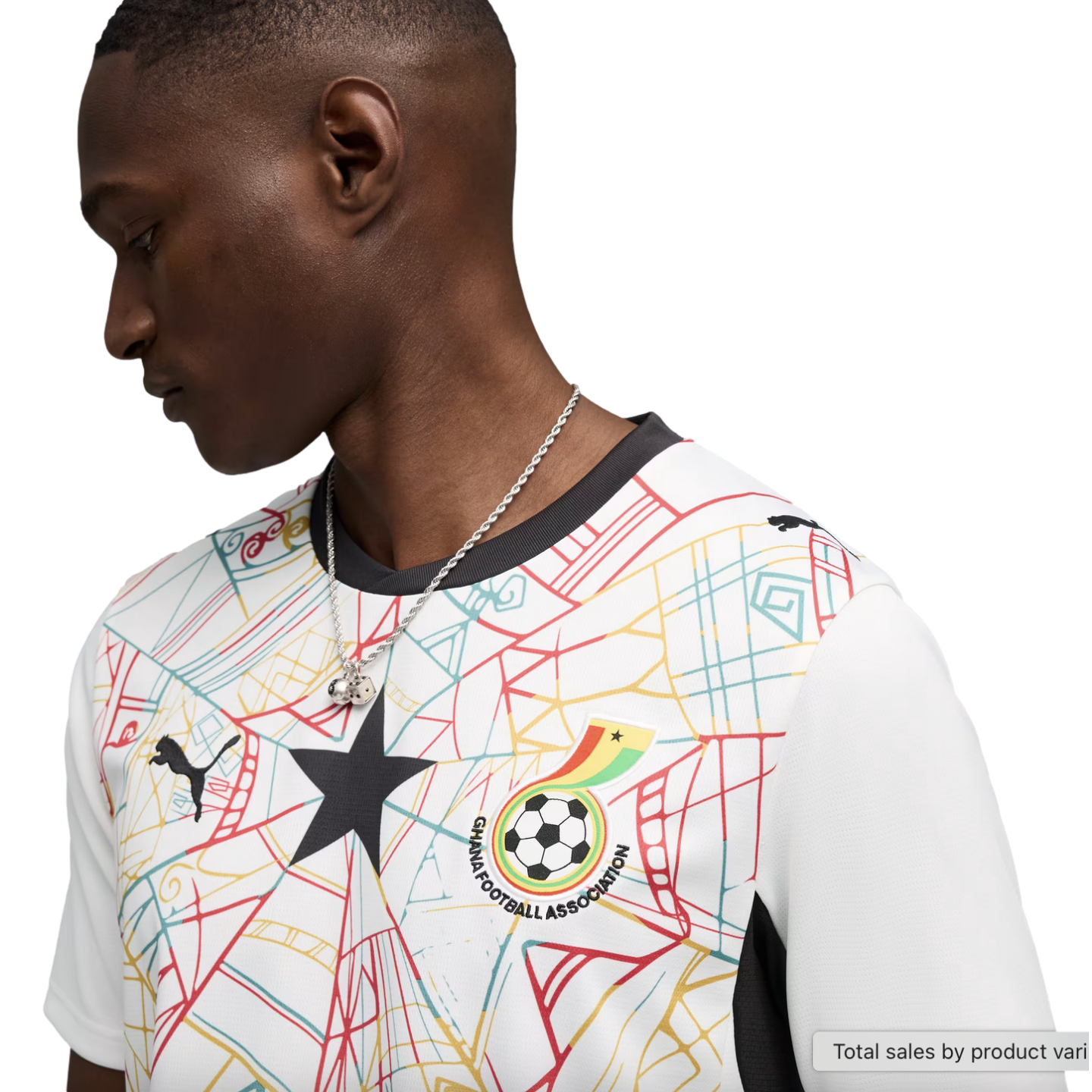 A side profile of a Black man wearing a white Ghana national team soccer jersey. The jersey features a colorful geometric pattern, a large black star in the center, and the Ghana Football Association crest. He is wearing a silver chain and looking downwar