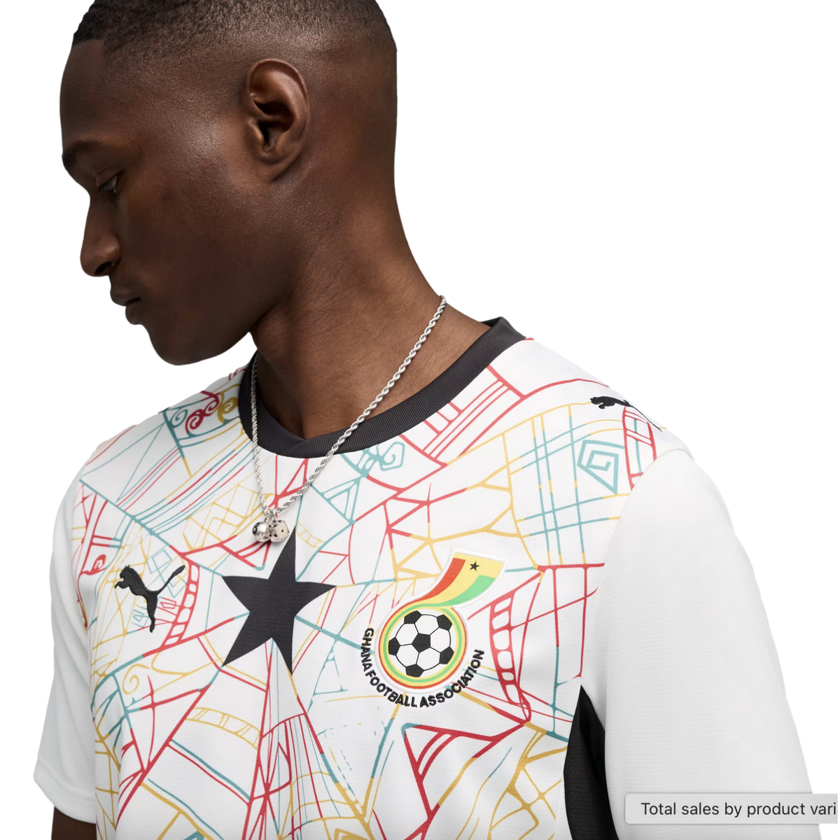 A side profile of a Black man wearing a white Ghana national team soccer jersey. The jersey features a colorful geometric pattern, a large black star in the center, and the Ghana Football Association crest. He is wearing a silver chain and looking downwar