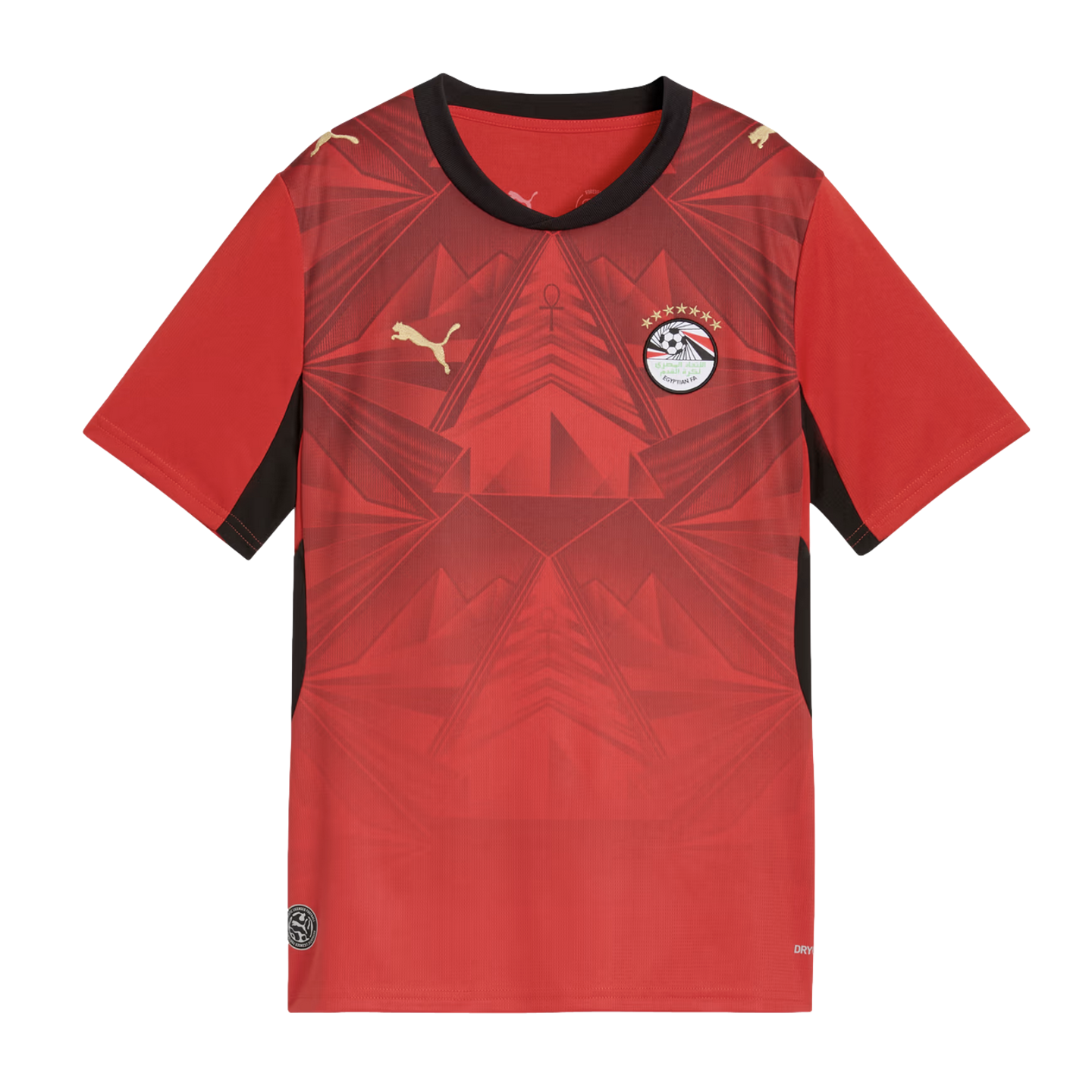 A red Puma football jersey for the Egypt national team against a black background. The shirt features a geometric tone-on-tone pattern inspired by pyramids and an ankh symbol. It has a black crew-neck collar and black trim, with gold Puma logos on the che