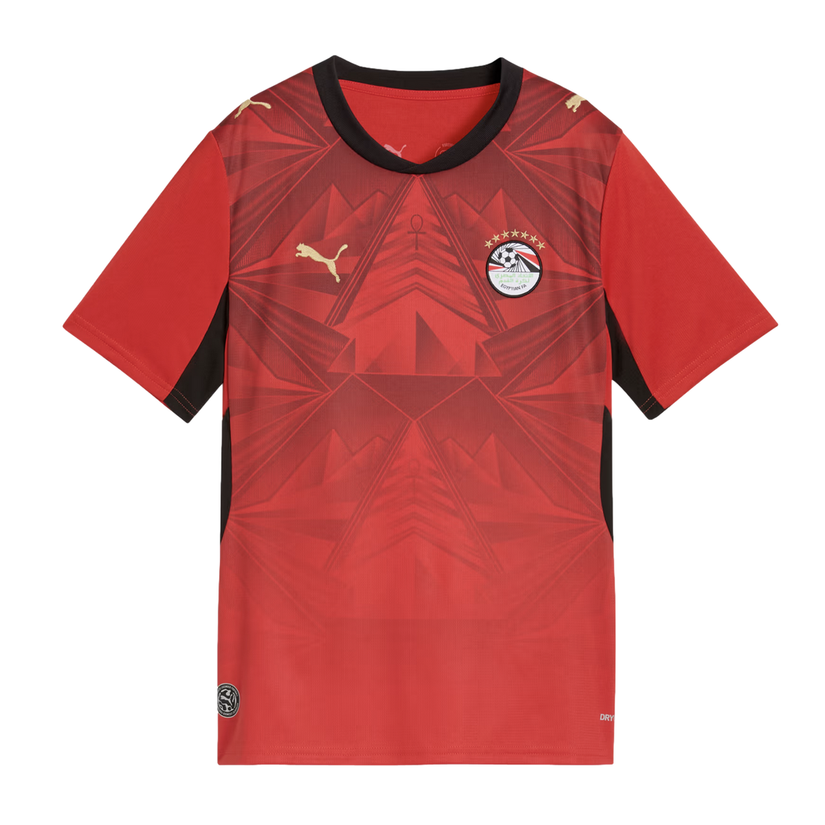 A red Puma football jersey for the Egypt national team against a black background. The shirt features a geometric tone-on-tone pattern inspired by pyramids and an ankh symbol. It has a black crew-neck collar and black trim, with gold Puma logos on the che