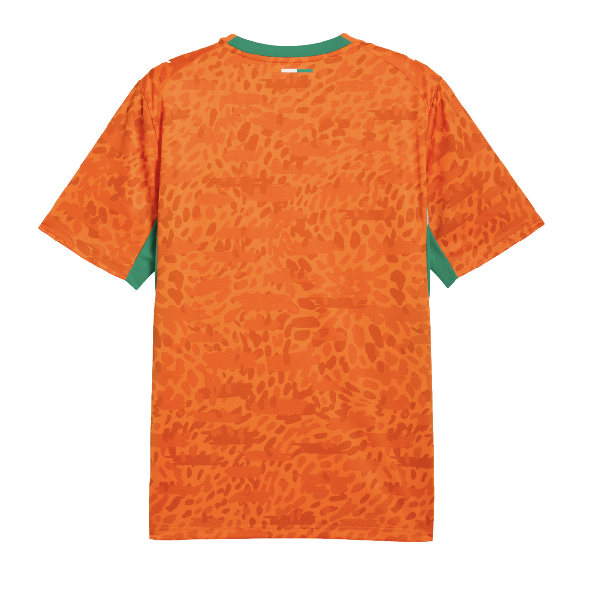 A back view of a bright orange short-sleeved jersey with an allover tonal orange animal print pattern. It features green trim on the crew neck and sleeve cuffs, and a small white and green rectangular detail at the center back neckline.