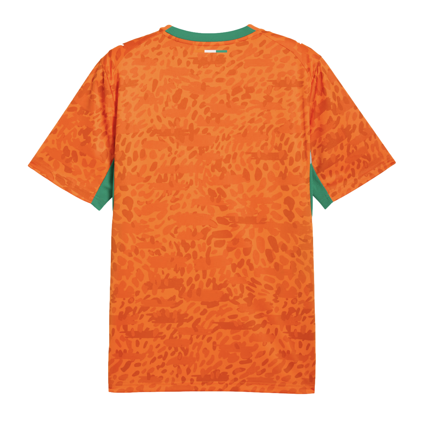 A back view of a bright orange short-sleeved jersey with an allover tonal orange animal print pattern. It features green trim on the crew neck and sleeve cuffs, and a small white and green rectangular detail at the center back neckline.
