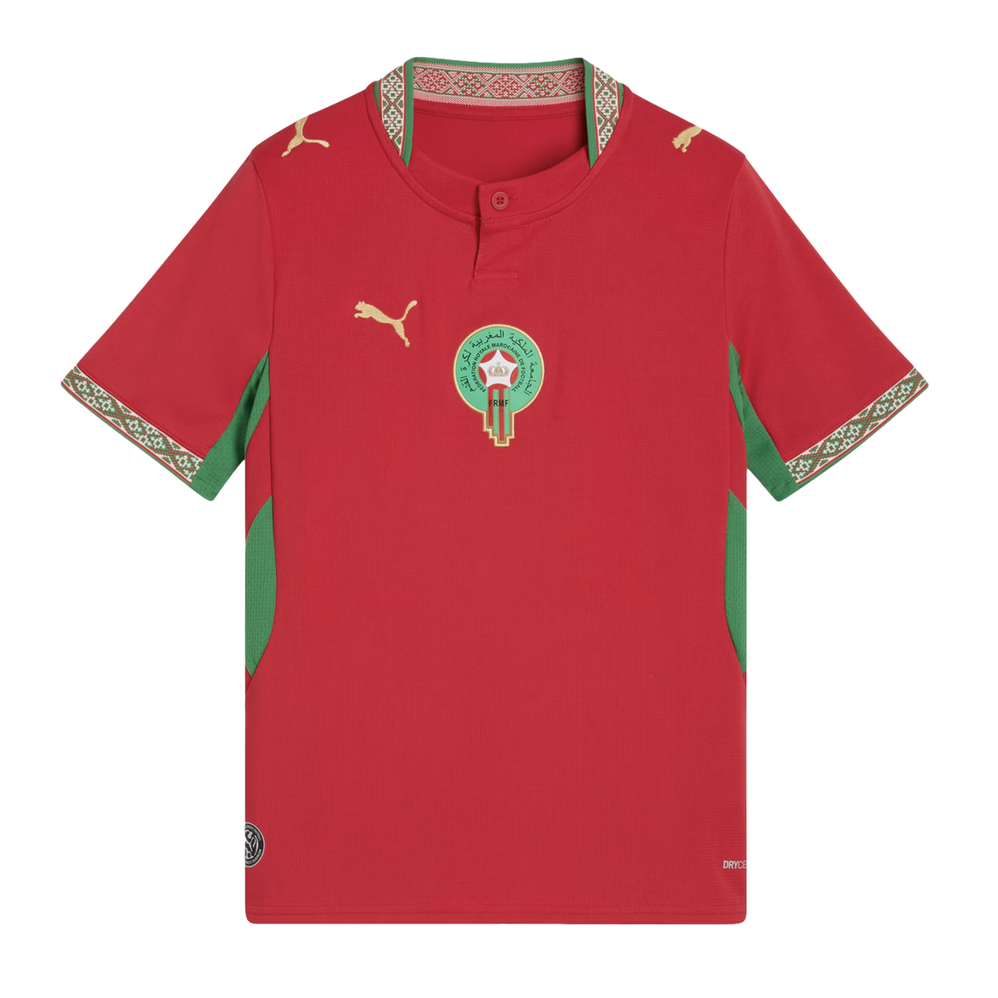 A red Morocco national football team home jersey by Puma, featuring the national team crest in the center, golden Puma logos on the right chest and shoulders, and green accents on the sides and sleeves. Intricate patterned trim adorns the collar and sleev