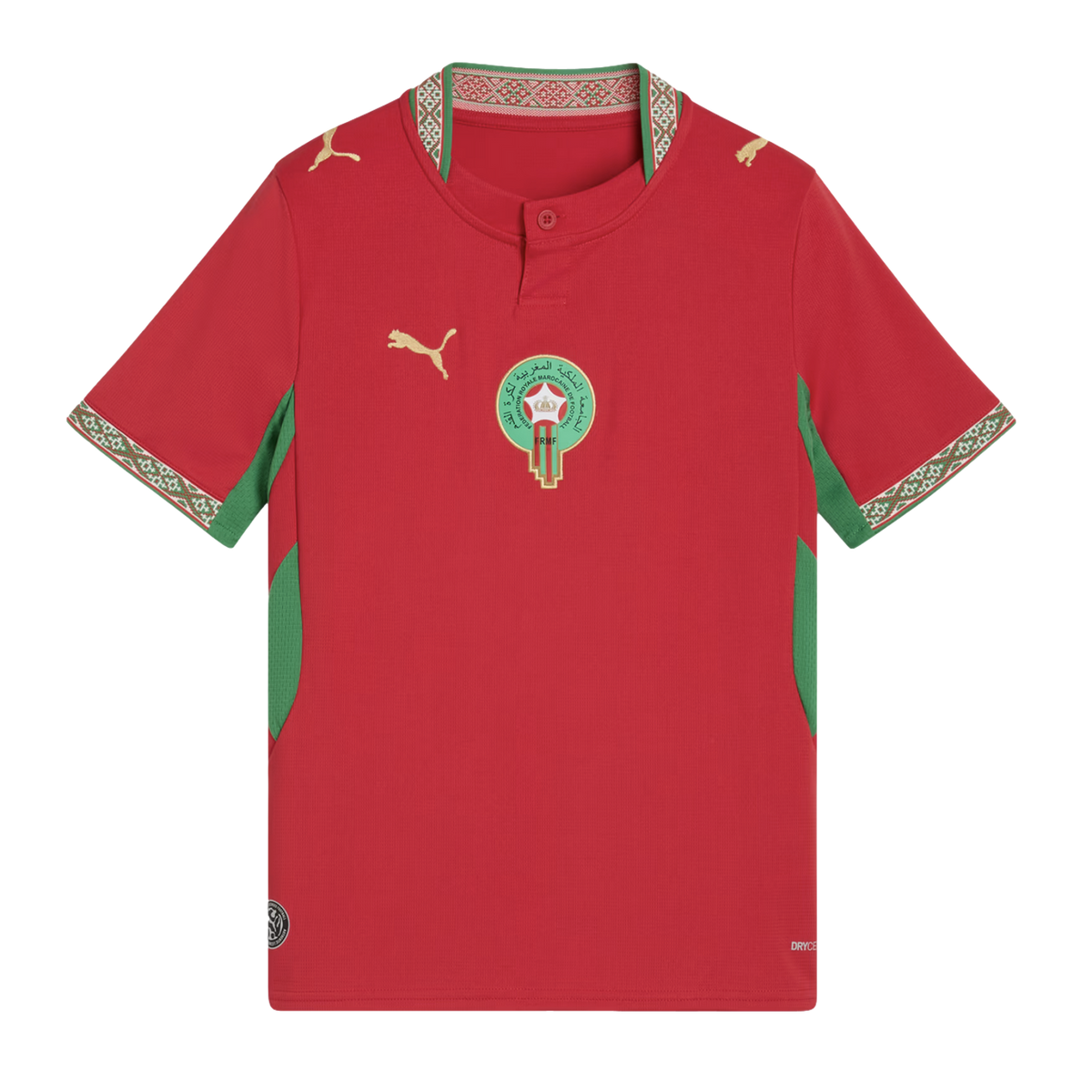 A red Morocco national football team home jersey by Puma, featuring the national team crest in the center, golden Puma logos on the right chest and shoulders, and green accents on the sides and sleeves. Intricate patterned trim adorns the collar and sleev
