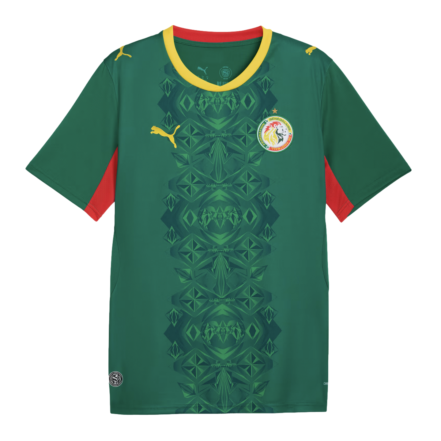 A forest green Senegal national team soccer jersey by Puma featuring a vertical, tonal geometric pattern down the center. It has a yellow round neck with a red interior, red panels on the underarms, and yellow Puma logos on the chest and shoulders. The Se