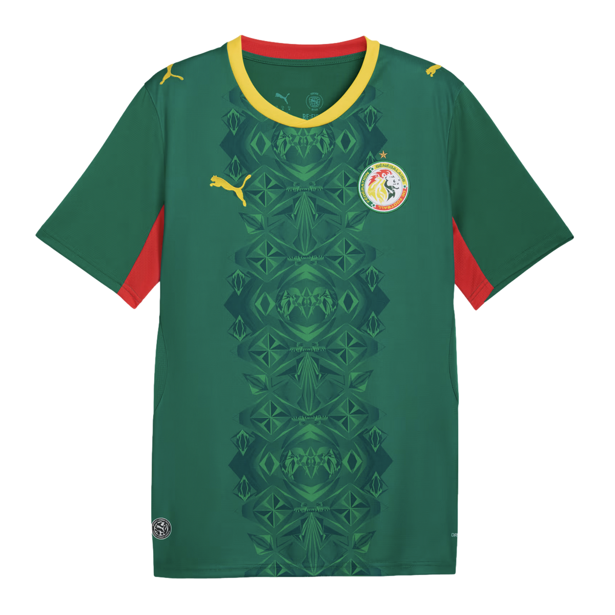 A forest green Senegal national team soccer jersey by Puma featuring a vertical, tonal geometric pattern down the center. It has a yellow round neck with a red interior, red panels on the underarms, and yellow Puma logos on the chest and shoulders. The Se