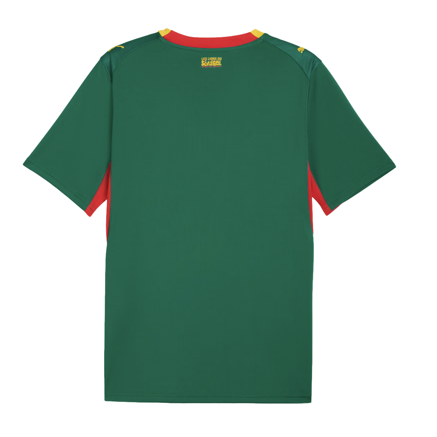The back of a forest green short-sleeved soccer jersey with a red and yellow collar. Yellow text reading "LES LIONS DU SENEGAL" is printed on the upper back, and red panels are visible on the sides. Small yellow Puma logos sit on each shoulder.