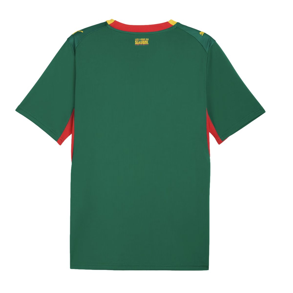 The back of a forest green short-sleeved soccer jersey with a red and yellow collar. Yellow text reading "LES LIONS DU SENEGAL" is printed on the upper back, and red panels are visible on the sides. Small yellow Puma logos sit on each shoulder.