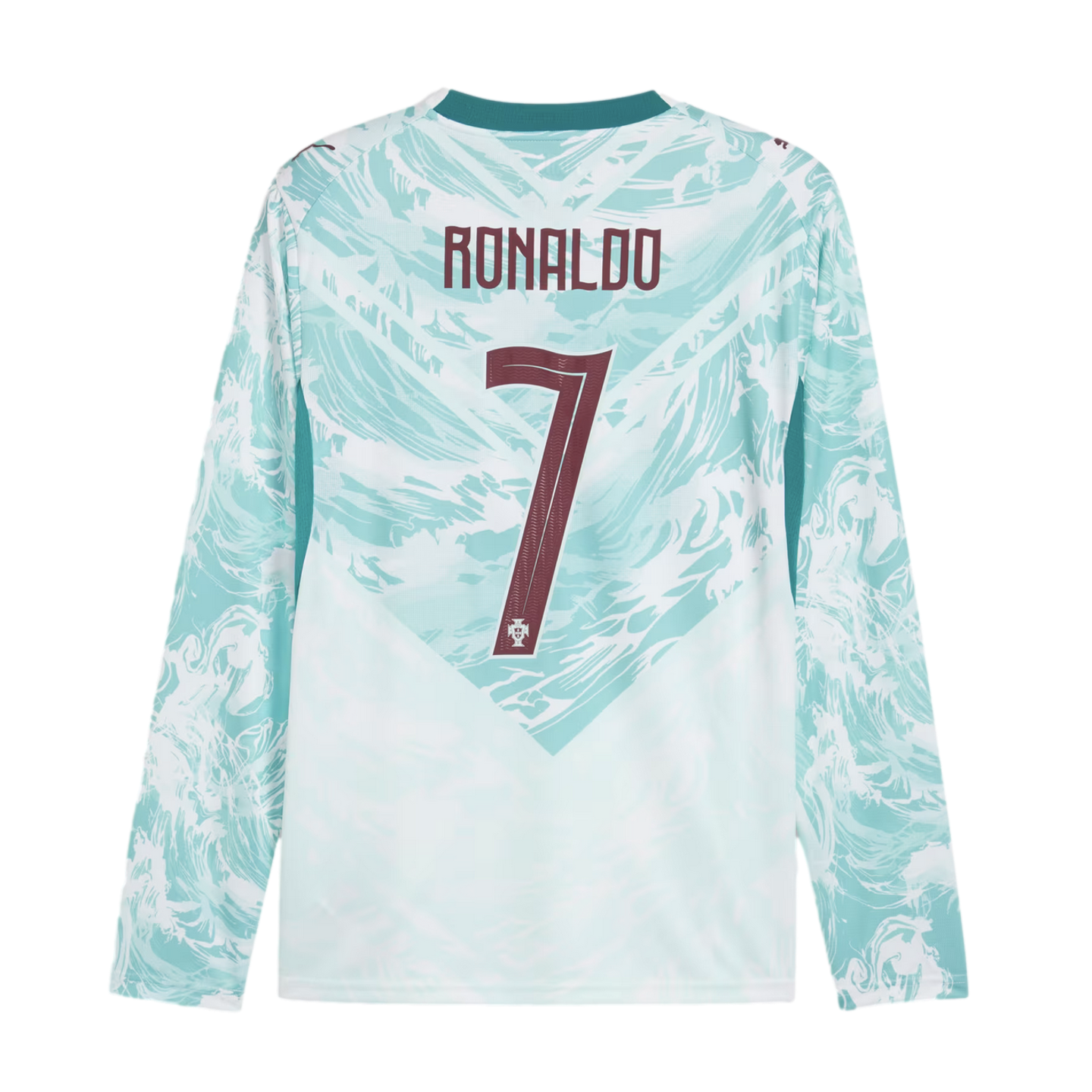 The back of a long-sleeved soccer jersey featuring a light teal and white marble pattern on the upper half and sleeves, and solid white on the lower half. The name "RONALDO" and the number "7" are printed in maroon on the back. A small national team crest