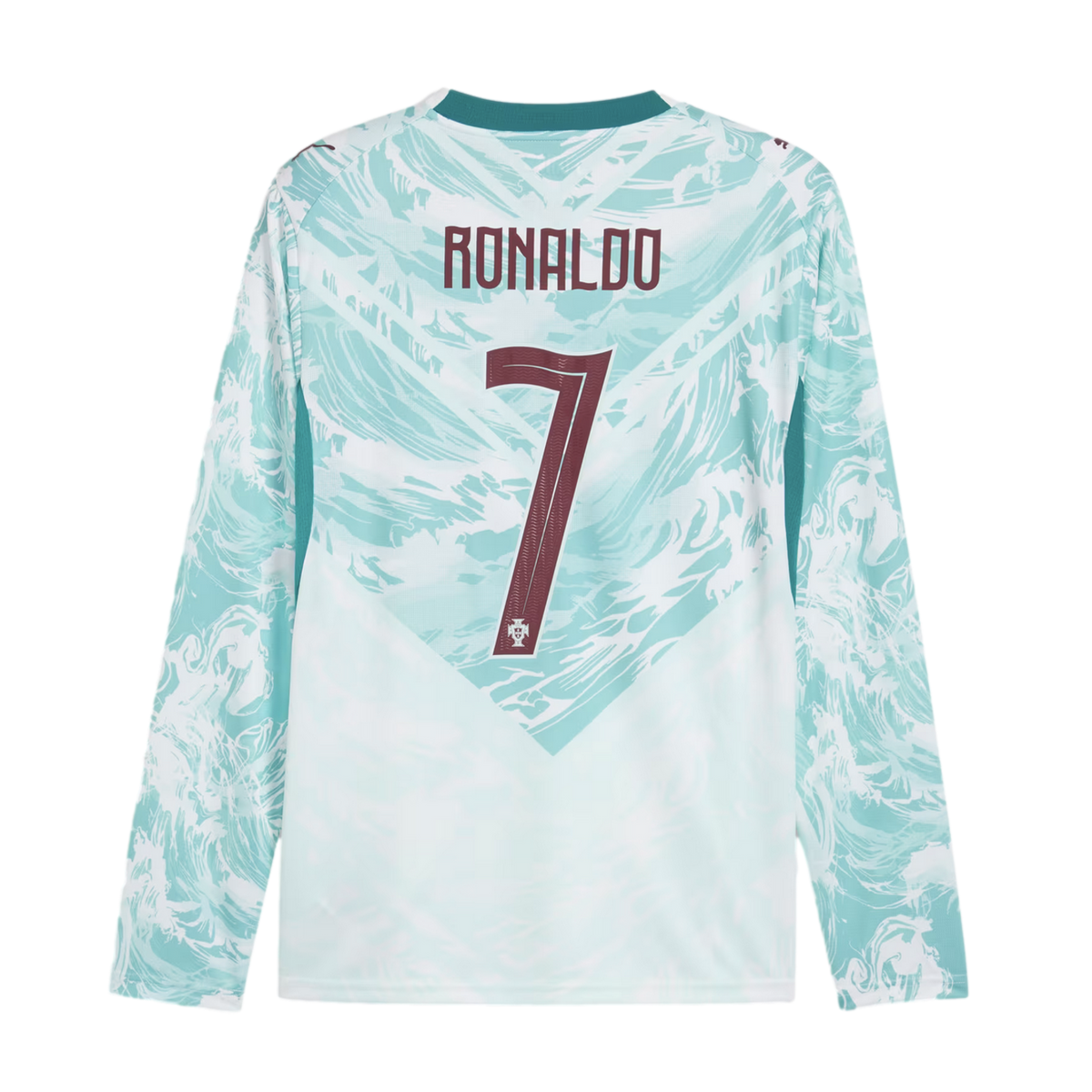 The back of a long-sleeved soccer jersey featuring a light teal and white marble pattern on the upper half and sleeves, and solid white on the lower half. The name "RONALDO" and the number "7" are printed in maroon on the back. A small national team crest
