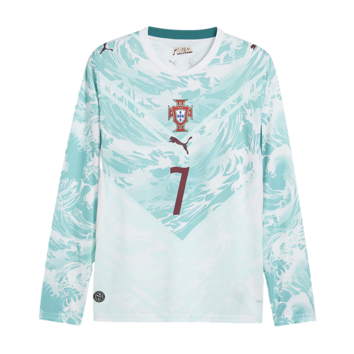 A long-sleeved white and mint green Portugal football jersey featuring a wave pattern. The chest displays the national team crest, a maroon Puma logo, and the number 7.