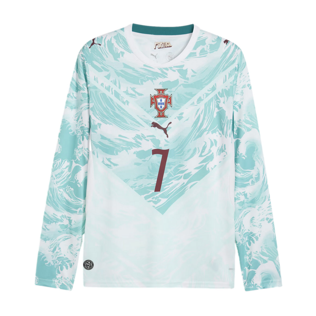A long-sleeved white and mint green Portugal football jersey featuring a wave pattern. The chest displays the national team crest, a maroon Puma logo, and the number 7.