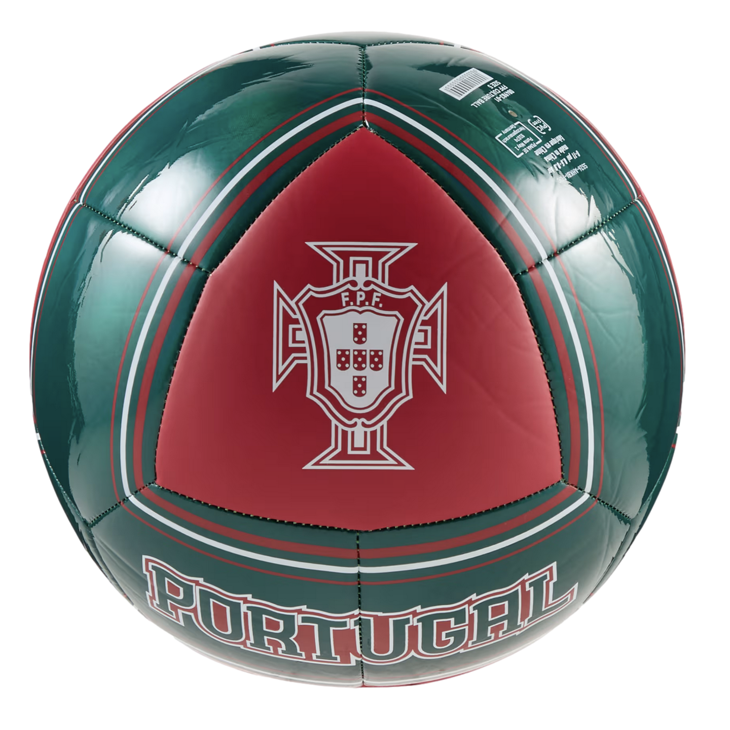 A glossy soccer ball featuring the colors and logo of the Portuguese national football team. The ball is primarily dark green with a prominent red triangular panel in the center. This panel features the white logo of the Portuguese Football Federation (FP