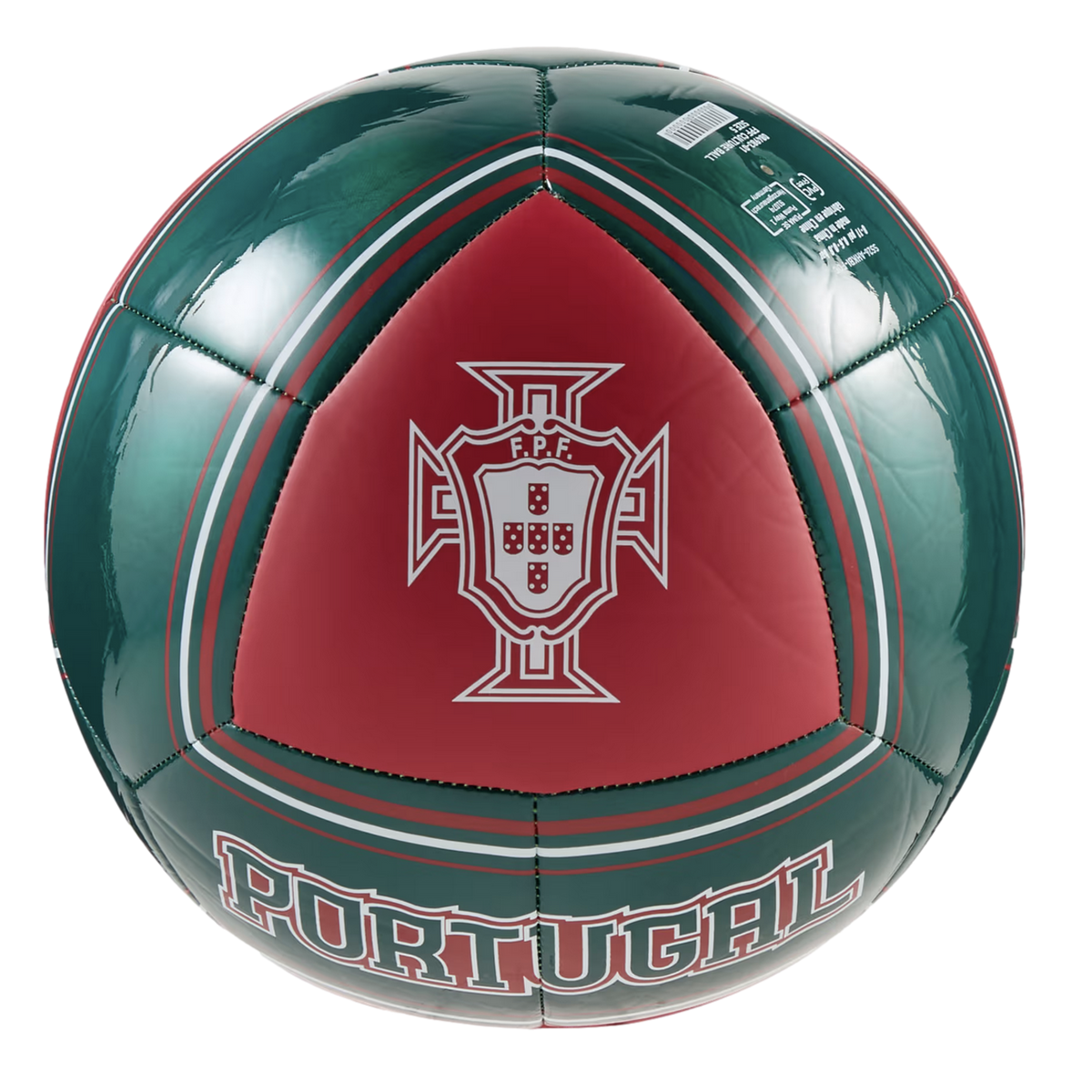 A glossy soccer ball featuring the colors and logo of the Portuguese national football team. The ball is primarily dark green with a prominent red triangular panel in the center. This panel features the white logo of the Portuguese Football Federation (FP