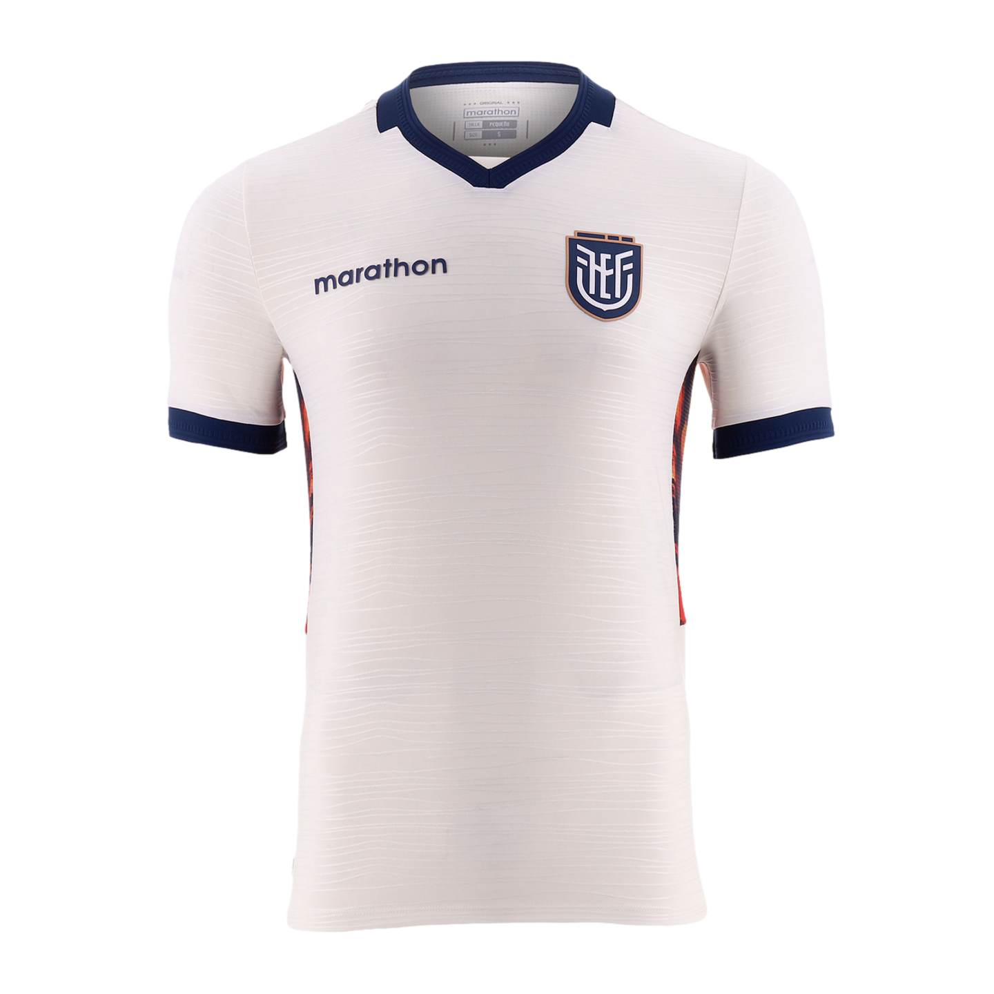 A front-view of a white, short-sleeved soccer jersey featuring a dark blue V-neck collar and matching sleeve cuffs. The "marathon" brand name is printed in blue on the right chest, while a shield-shaped team crest is positioned on the left. The fabric has