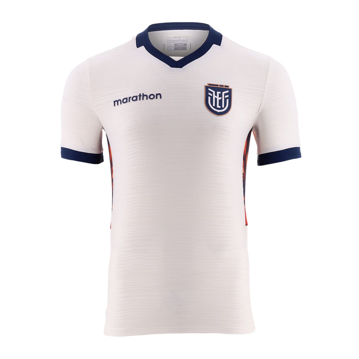 A front-view of a white, short-sleeved soccer jersey featuring a dark blue V-neck collar and matching sleeve cuffs. The "marathon" brand name is printed in blue on the right chest, while a shield-shaped team crest is positioned on the left. The fabric has