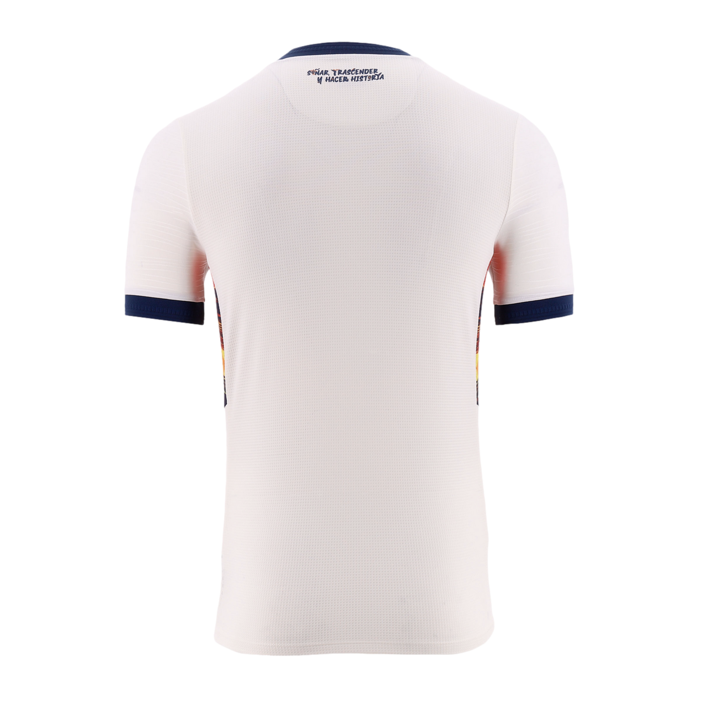Back view of a white short-sleeved sports jersey with navy blue trim on the collar and sleeve cuffs. A Spanish slogan is printed in blue below the neckline, and colorful graphic panels are visible on the sides.