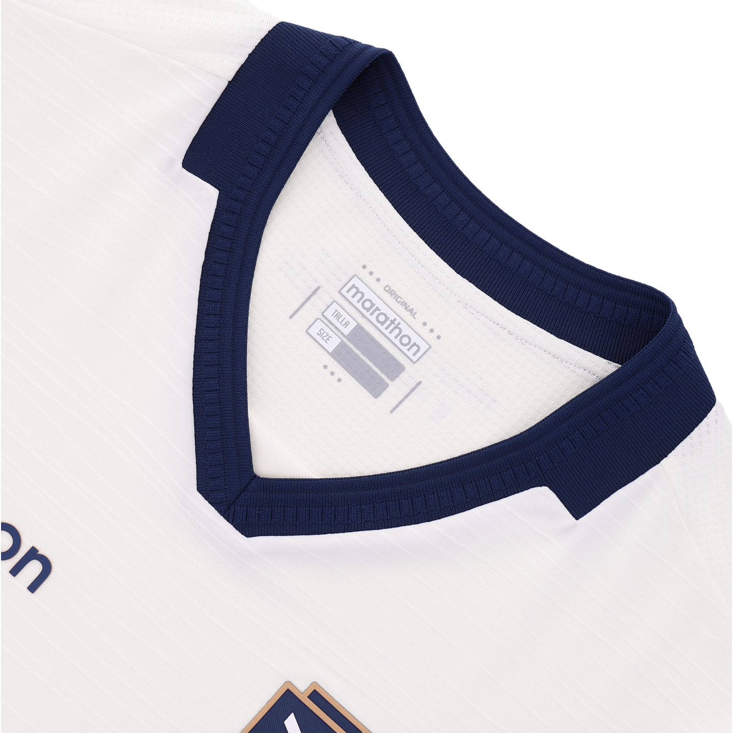 A close-up view of the neckline of a white jersey with a navy blue ribbed V-neck. The interior tag features the brand name "marathon" and the word "ORIGINAL."