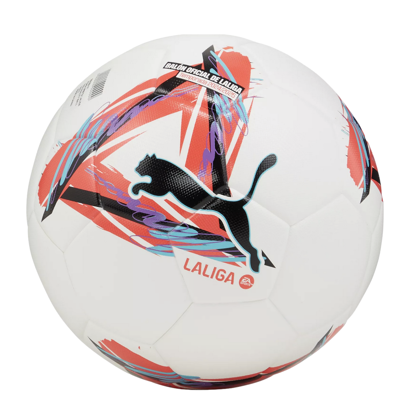 A white Puma LaLiga official match ball for the 2024/2025 season, featuring a large black Puma logo and vibrant red, purple, and blue geometric graphics.