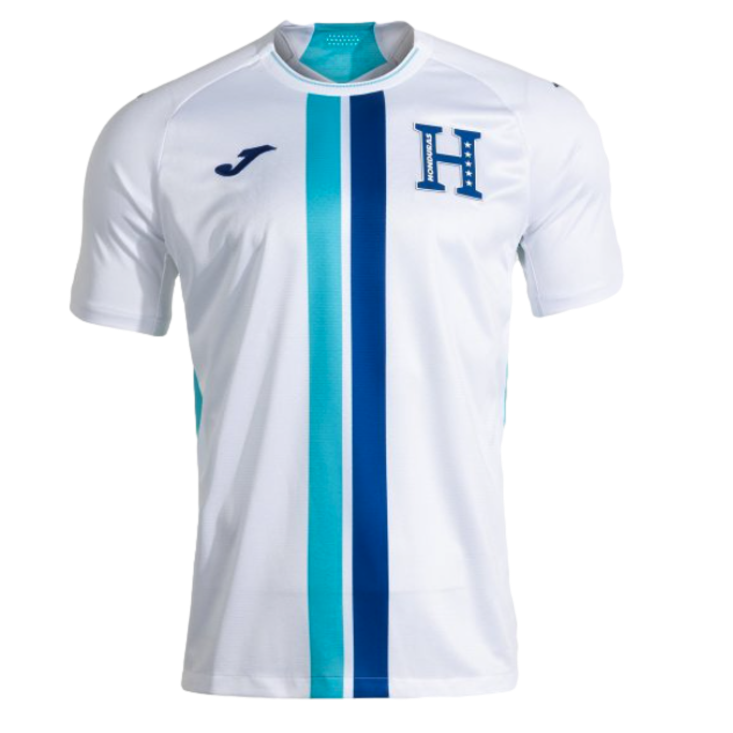 A white Honduras national team soccer jersey with turquoise and navy blue central vertical stripes, featuring the team's "H" crest and a Joma logo.