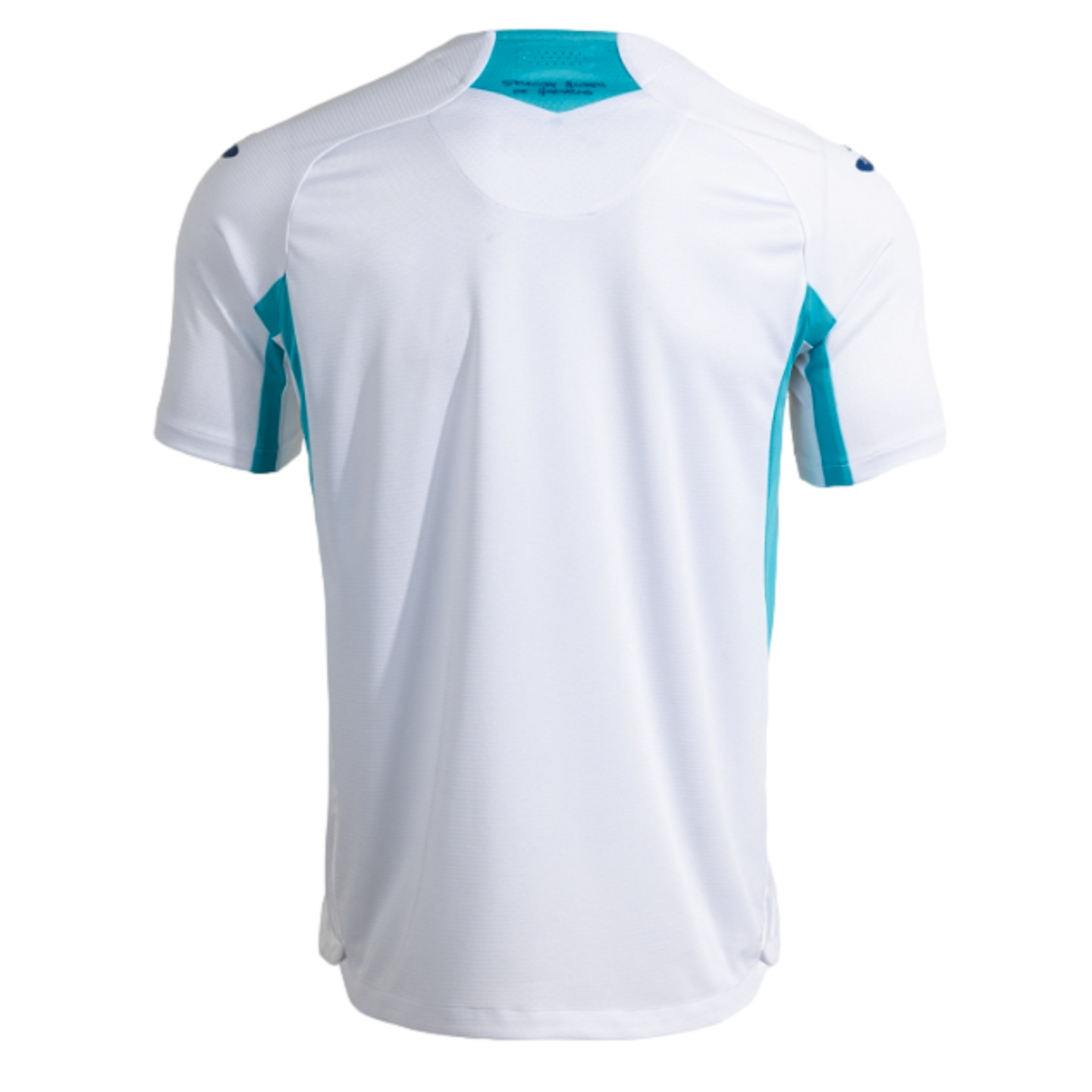 A rear view of a white, short-sleeved athletic jersey with teal panels on the sides and back collar, shown against a solid black background.