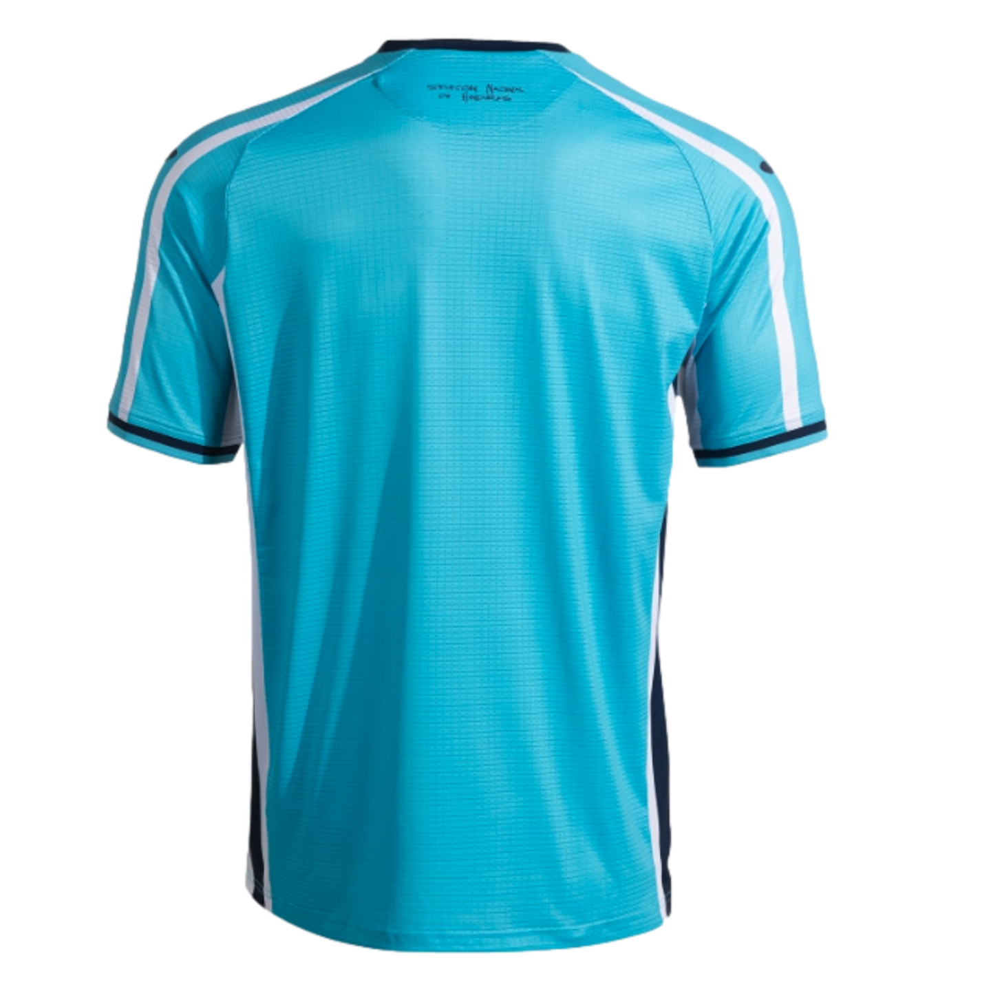 A back view of a turquoise short-sleeved athletic jersey with white stripes on the shoulders and sleeves, and white and navy blue side panels, set against a solid black background.