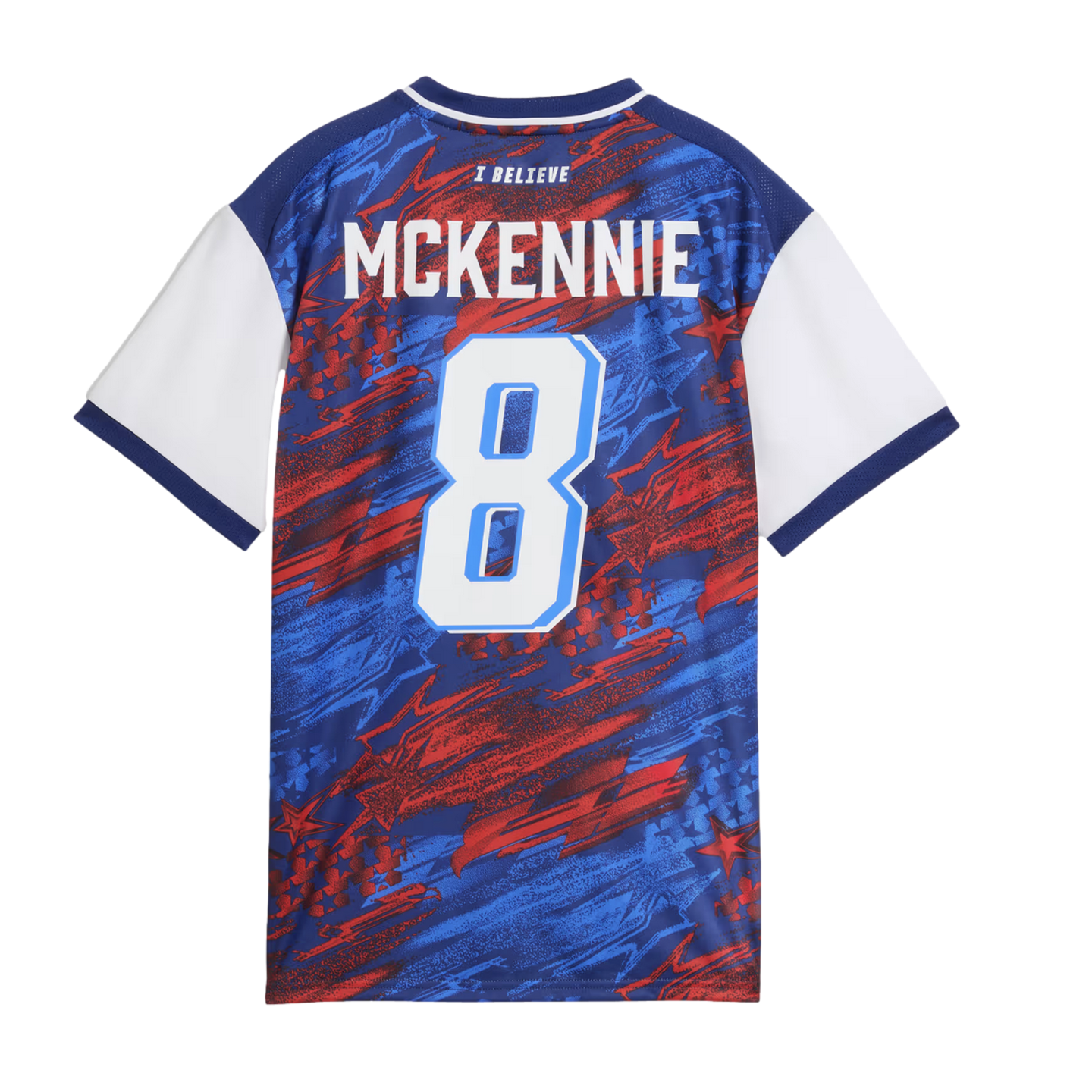 The back of a blue, red, and white patterned soccer jersey featuring the name "MCKENNIE" and the number 8.