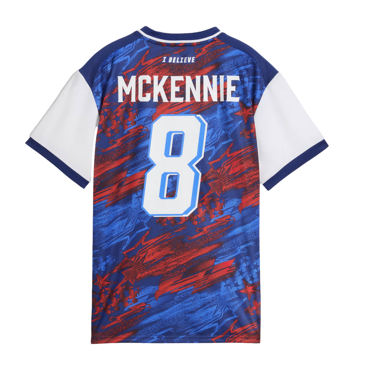 The back of a blue, red, and white patterned soccer jersey featuring the name "MCKENNIE" and the number 8.