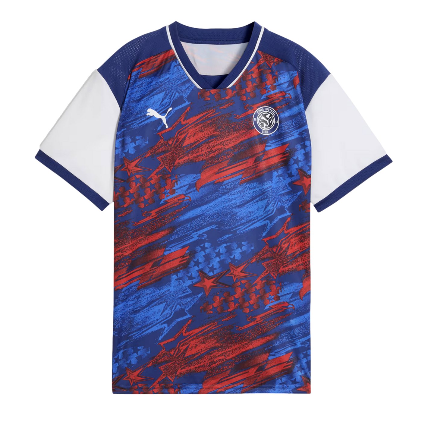 A short-sleeved Puma soccer jersey featuring a blue and red abstract pattern with stars. It has white sleeves with blue cuffs and a blue V-neck collar with white piping.